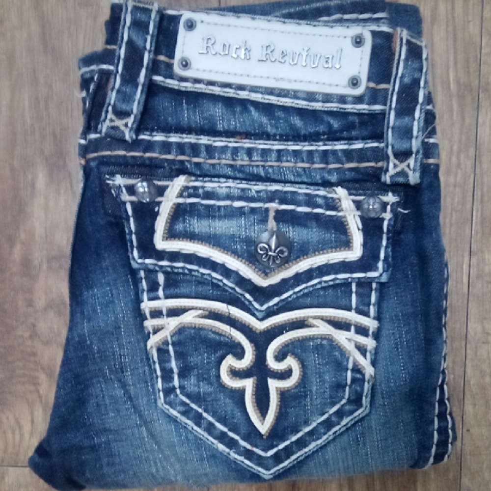 Rock Revival Women's 26 Bootcut Distressed Faux Leather Flap Pockets NWT